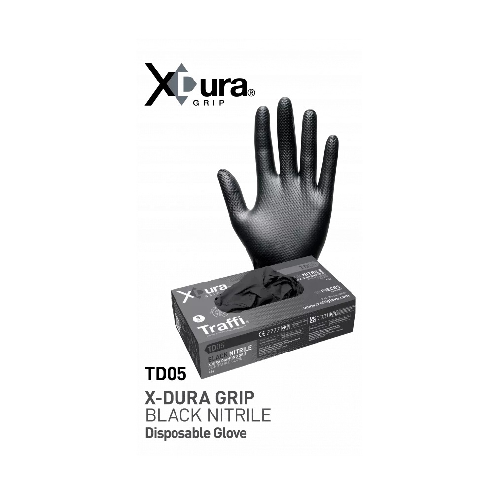 X-Dura Grip Black Nitrile Disposable Glove Size Large Box of 50